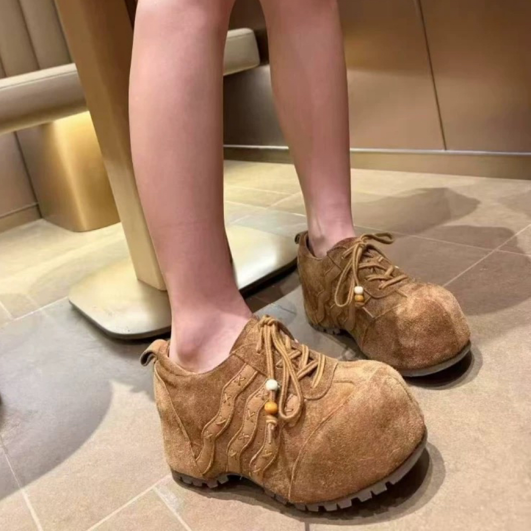 磨砂真皮内增高系带乐福鞋女2025新款大头显瘦勃肯单鞋