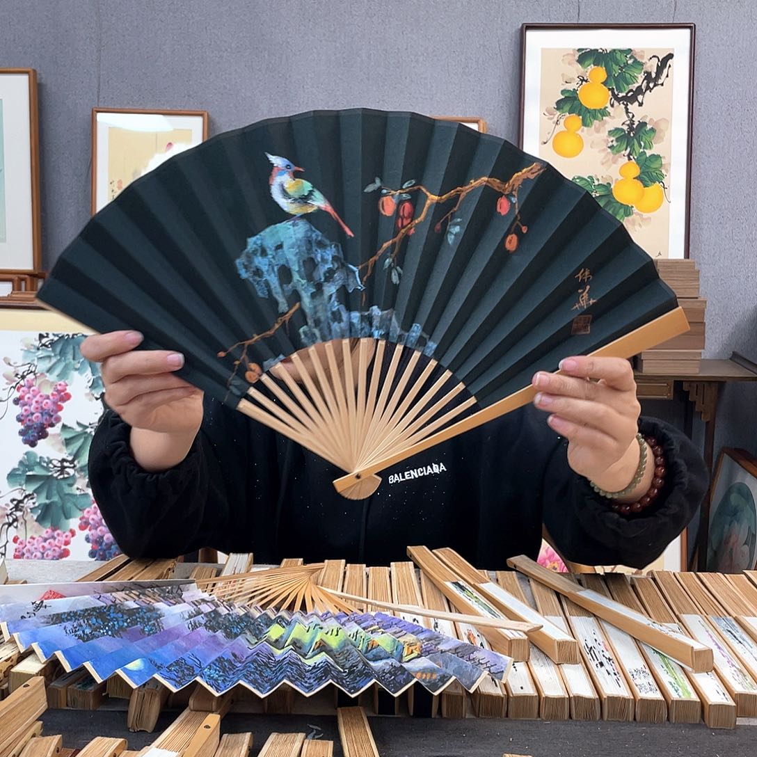 国画95寸玉竹-纯手绘-文玩扇骨（默认粘好）