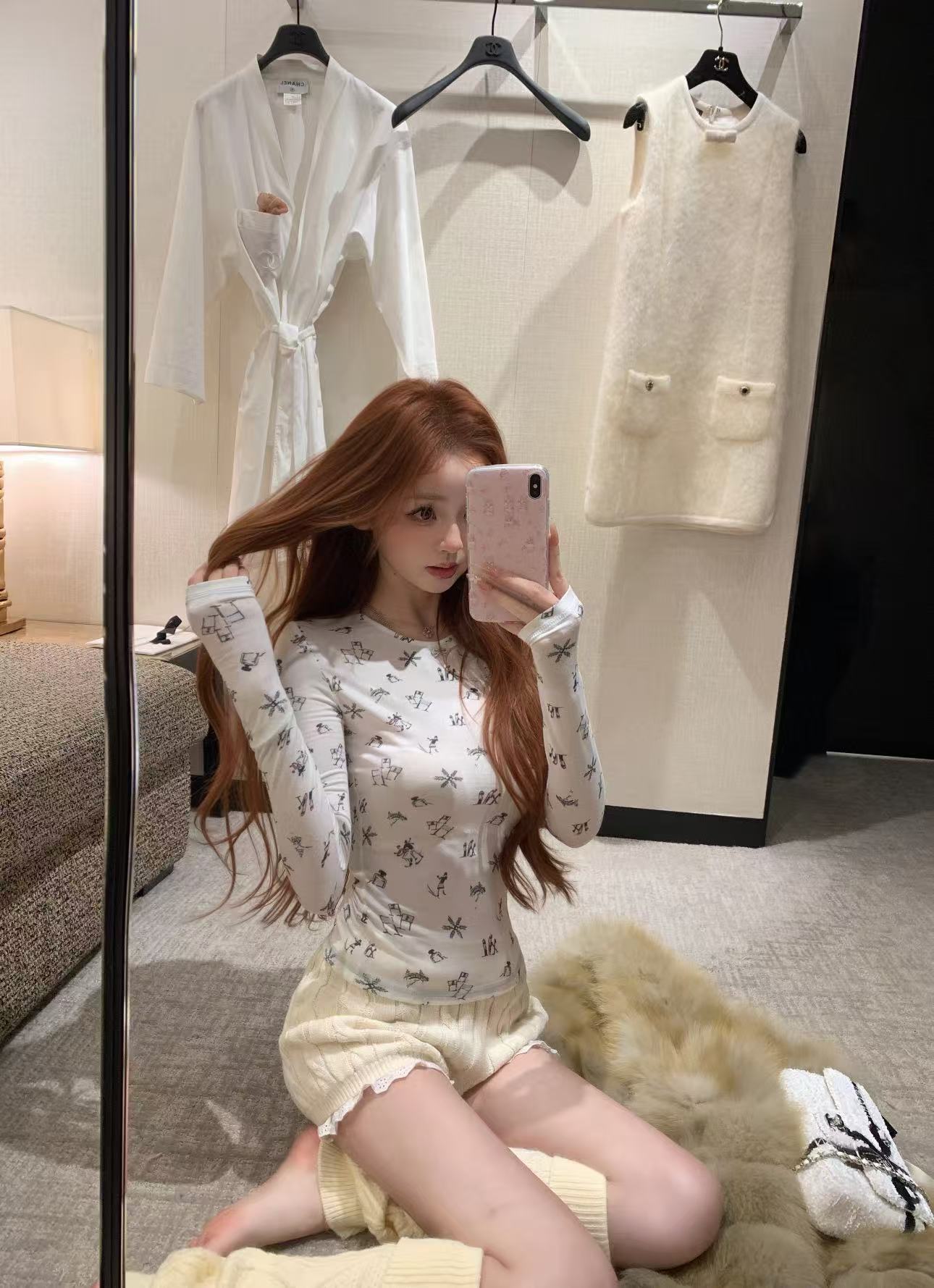 GXW2025SS 蝴蝶结滑雪印花圆领长袖T恤打底衫