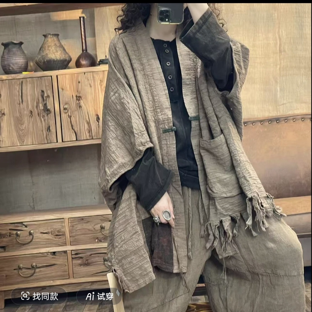 飞飞-秋季亚麻做旧毛边流苏大版宽松复古女装外套(长78)