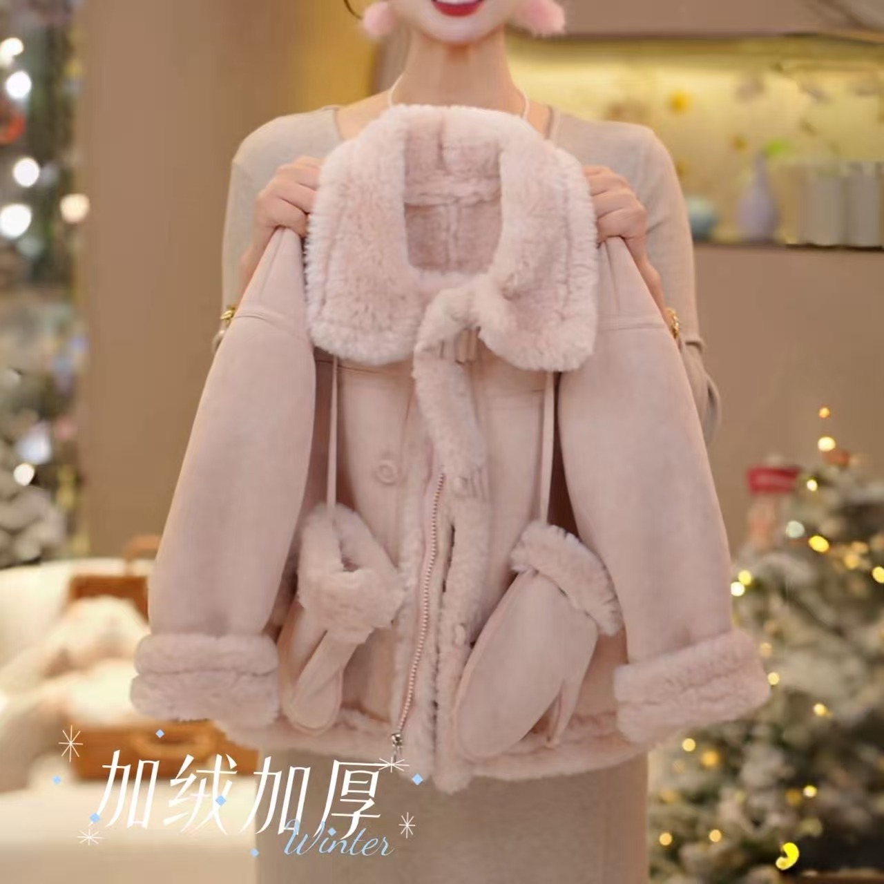 女童2025冬季新款韩版纯色翻领一体拉链加厚百搭外套6016