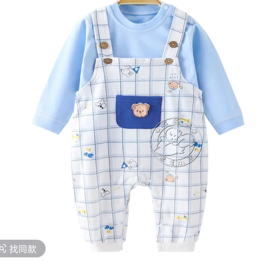 泡泡雪背带春秋无骨纯棉两件套连体衣婴儿幼儿爬服男童