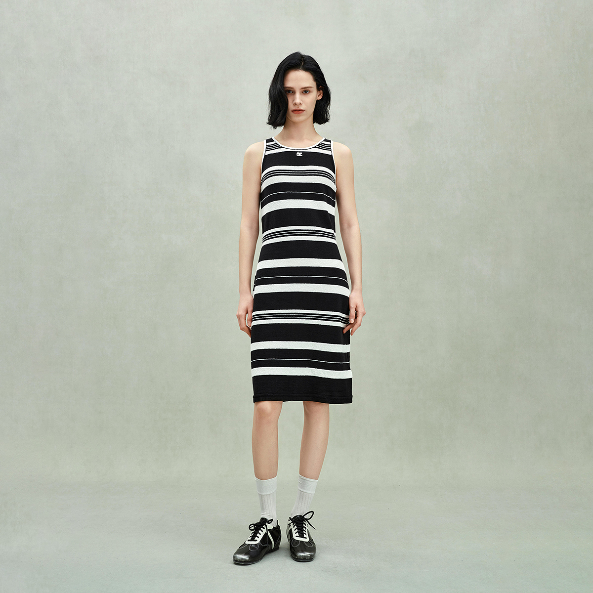 7364[赵老板专属]欧时力亚麻棉条纹针织连衣裙背心裙休闲显瘦25新