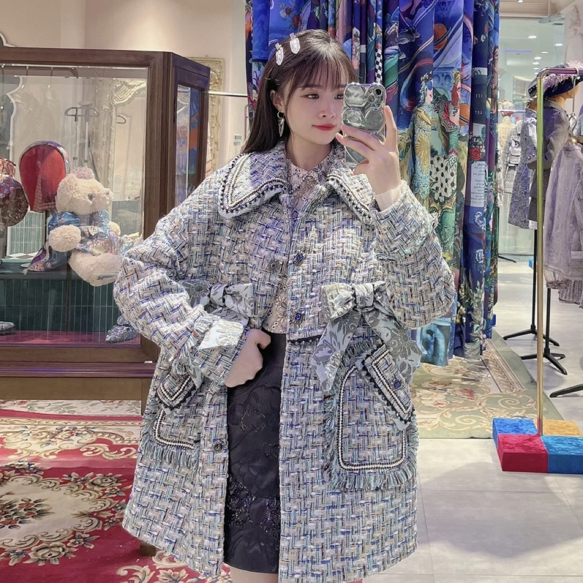 冬季新款都市通勤风千鸟格收腰小香风复古中长款连衣裙