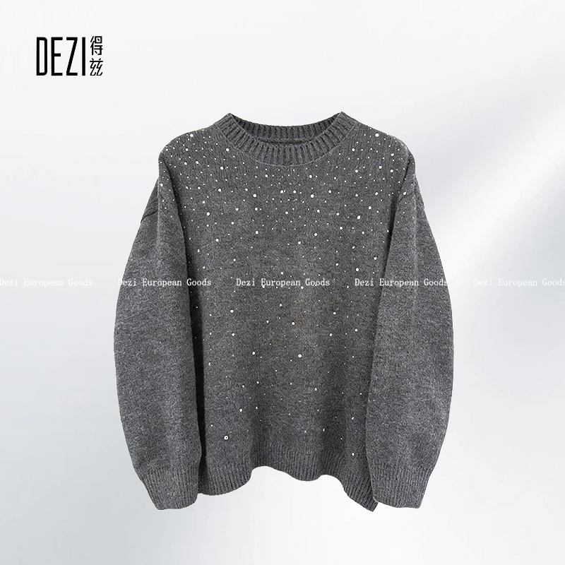 DEZI灰调星光毛衣宽松慵懒风圆领针织秋冬氛围感闪闪上衣D305799