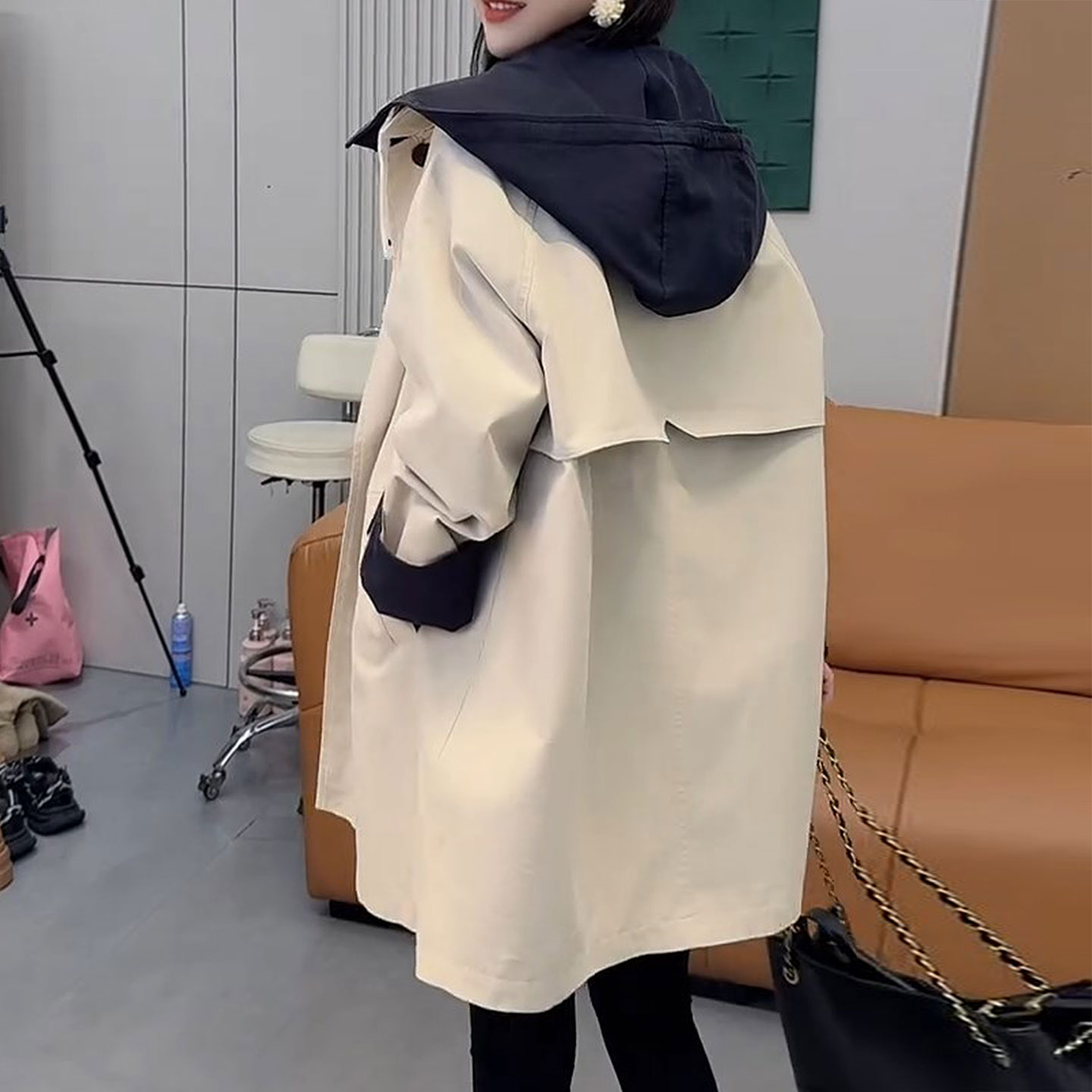 胖妹妹撞色小众风衣中长款2025秋季韩版显瘦设计感休闲洋气外套女