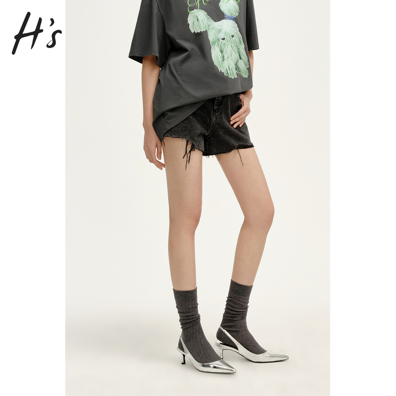 HS水洗灰牛仔短裤2025春高级设计感A字宽松显瘦中高腰毛边裤子女