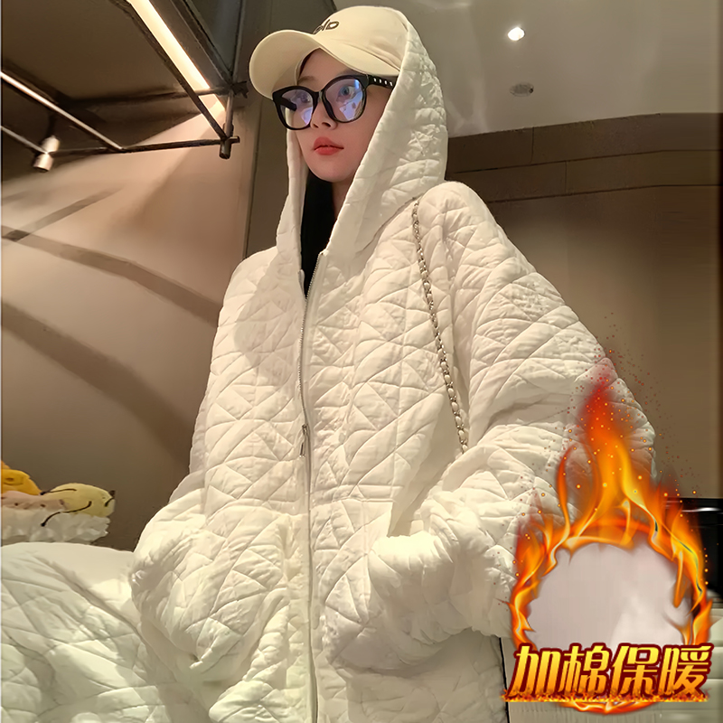 小香风慵懒休闲套装女2025冬季新款加棉加厚连帽上衣阔腿裤两件套