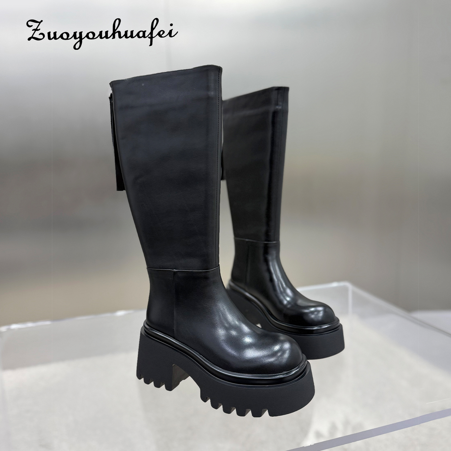 【左右华菲】8cm老钱风真皮百搭厚底高靴女秋冬爆款黑色高跟长筒靴