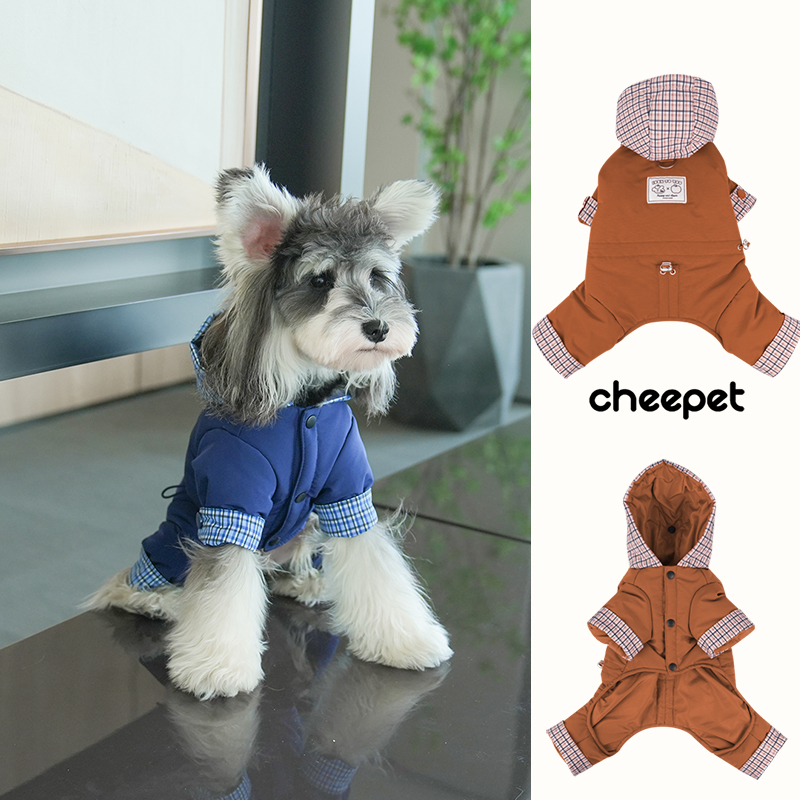 cheepet/趣派宠物秋冬连帽可牵引棉服小狗狗保暖格子翻脚四腿棉衣