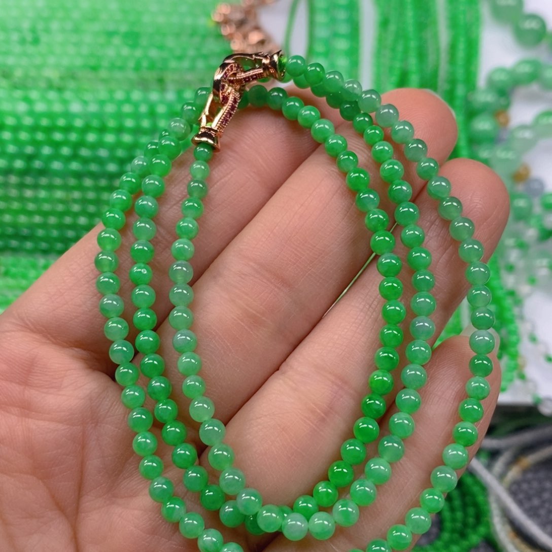 翡翠颈饰未镶嵌冰种阳绿小米珠项链3.8m' m