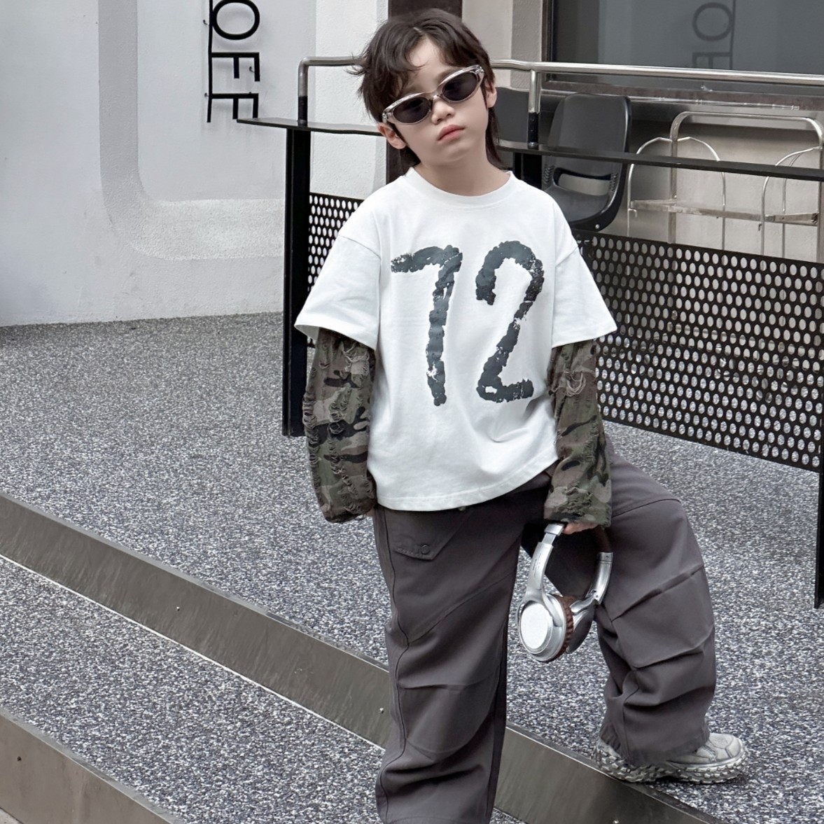 男童假两件T恤2026春季新品迷彩拼接袖上衣韩版时髦儿童t潮