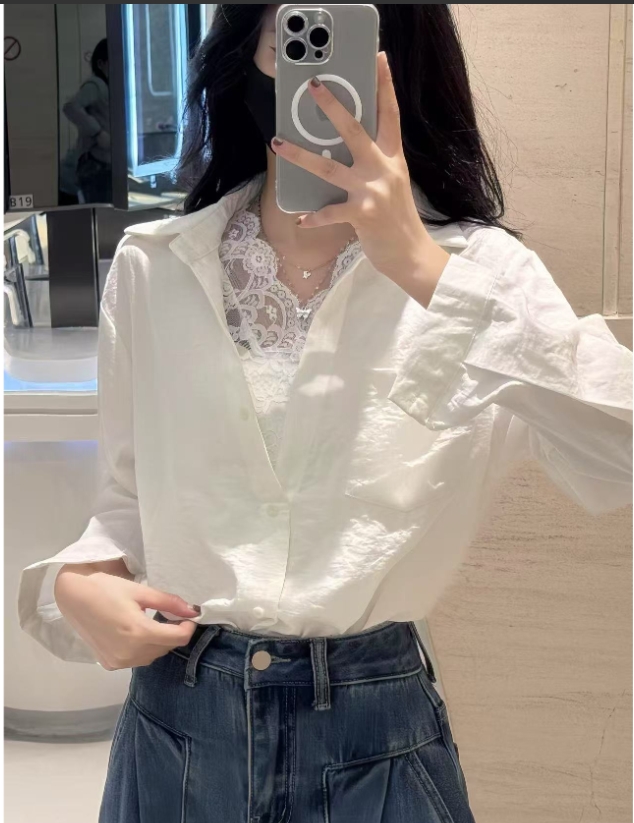 1020衬衫+蕾丝内搭（真两件）女长袖衬衣翻领开衫上衣蕾丝内搭Z