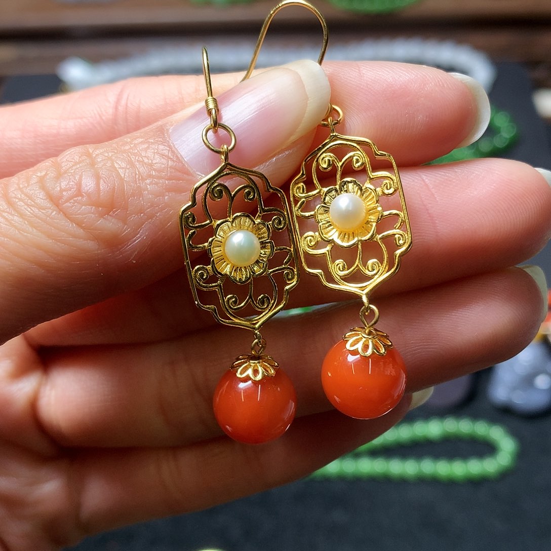 南红玛瑙耳饰银S925镶嵌陈*