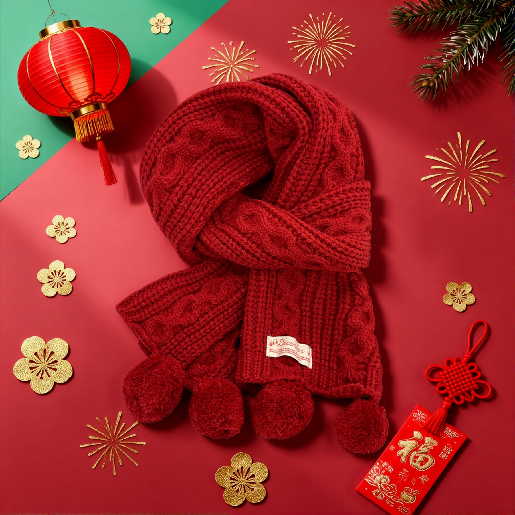 【新年简约风系列】红色羊绒围巾女秋冬本命年韩系针织加厚保暖围脖