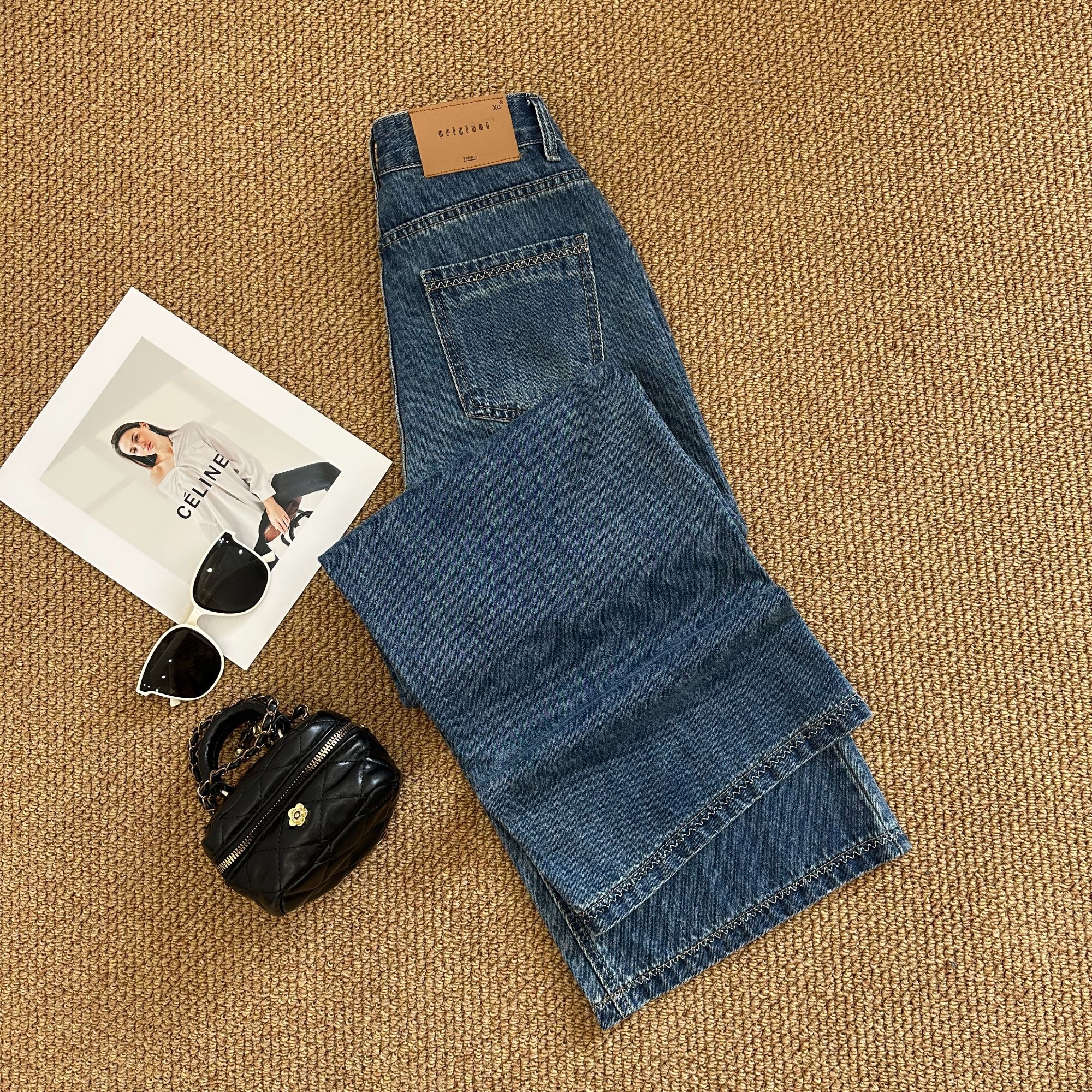 7646 W美式复古做旧阔腿长裤女秋季垂感高腰显瘦时尚百搭牛仔裤