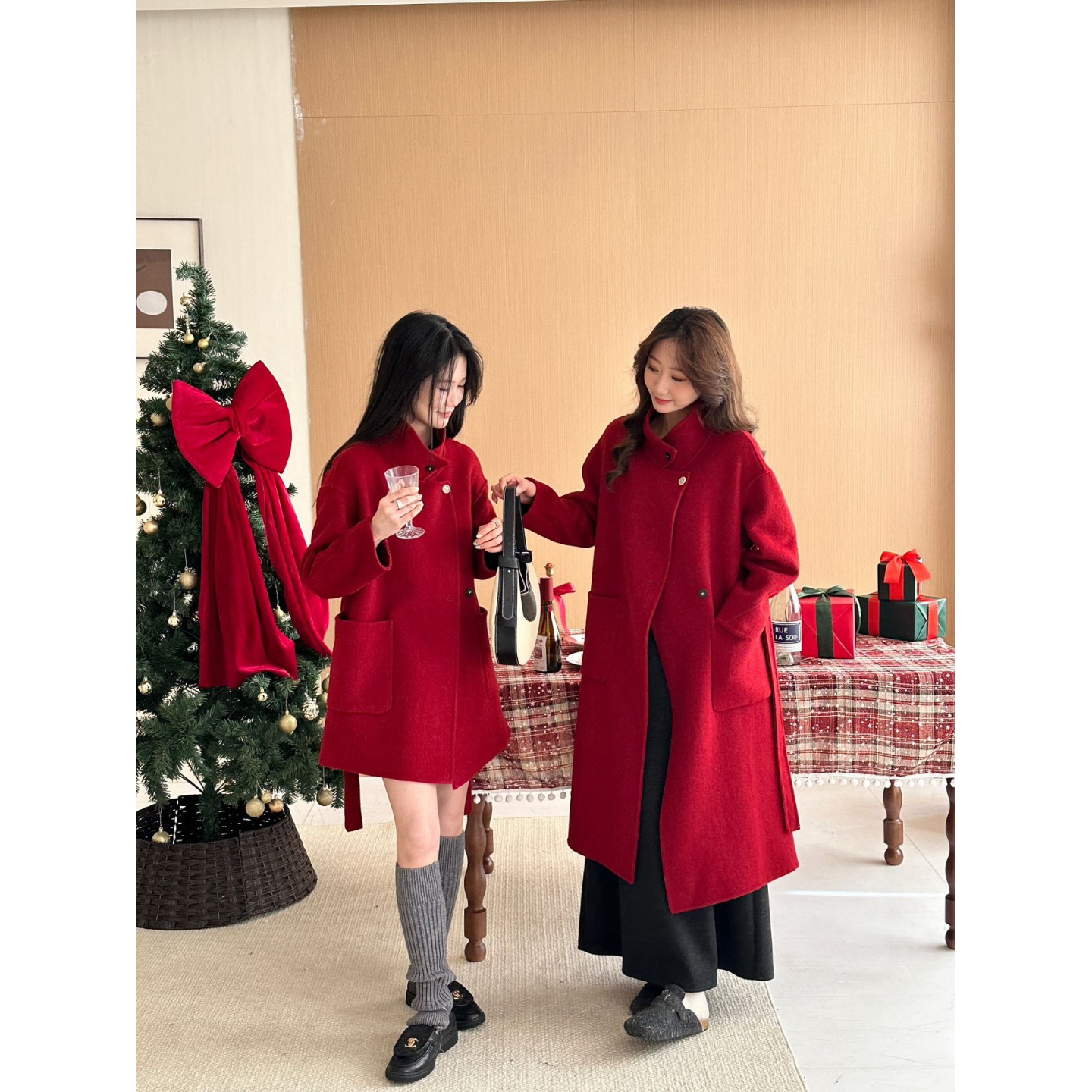 红色双面毛呢大衣女中长款2025秋冬新款宽松高级感系带羊毛呢外套