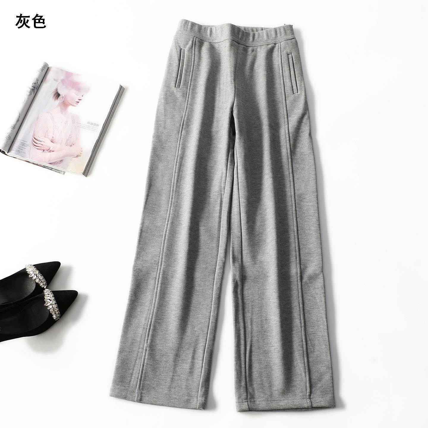 247946冬加绒长款休闲裤长裤灰色宽松秋冬阔腿裤
