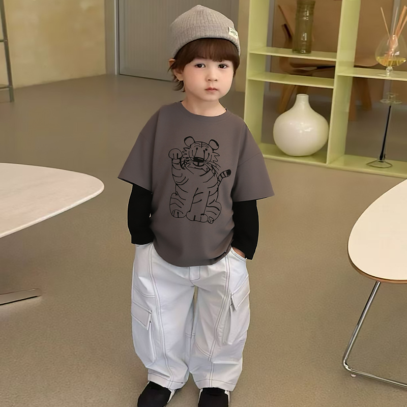 儿童长袖T恤衫2025秋季新款男童春秋装痞帅上衣宝宝假两件打底衫