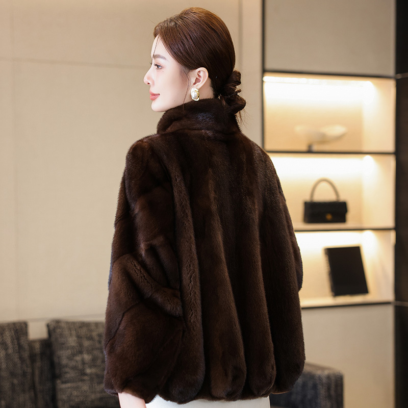 水貂毛皮草外套女整貂裘皮立领时尚宽松年轻天鹅绒貂皮大衣短款