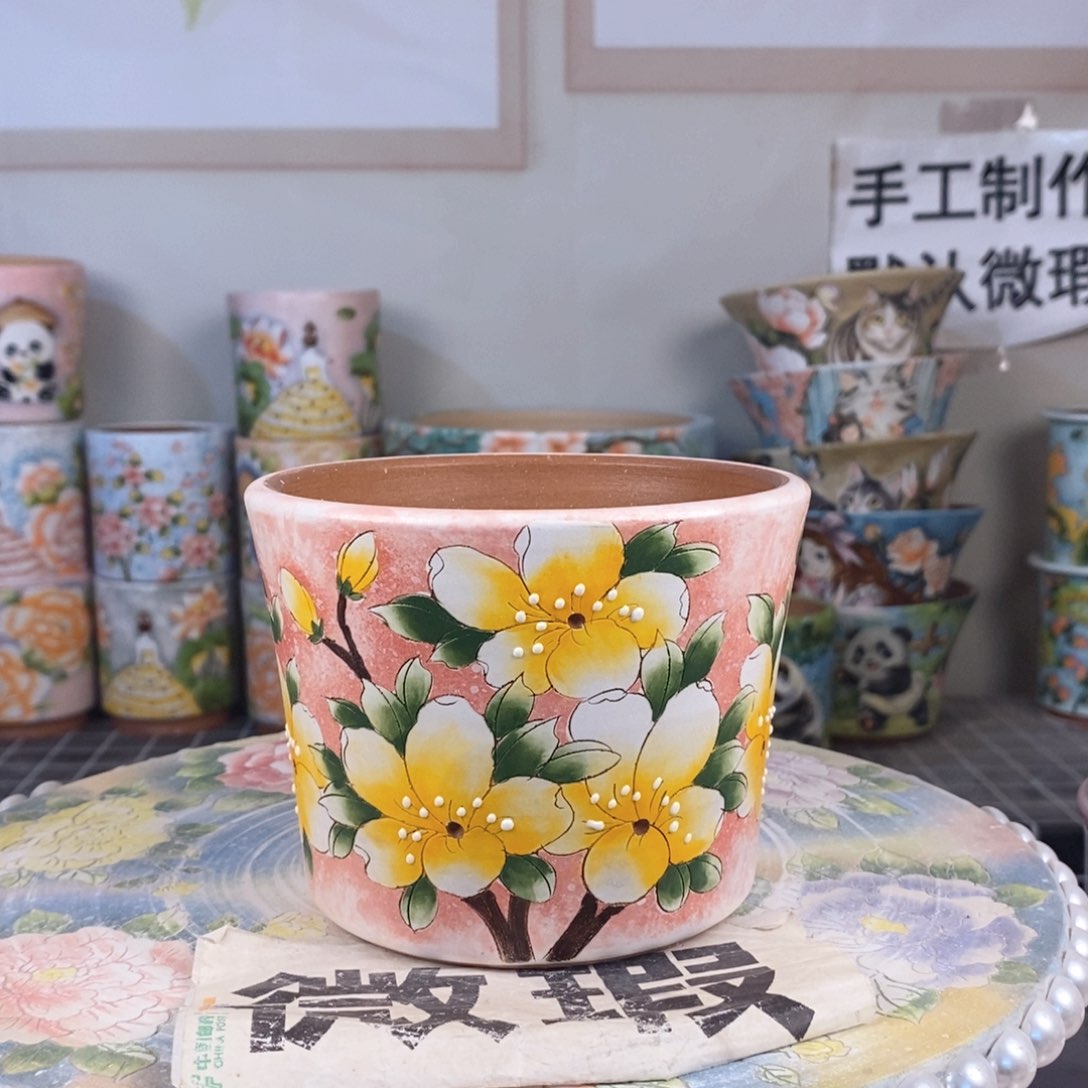 紫砂花盆红陶手绘花盆