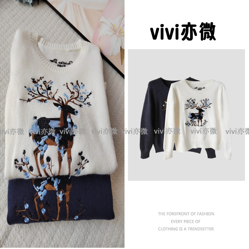 vivi亦微  |圆领麋鹿刺绣针织上衣韩系毛衣女重工羊毛衫 BX458