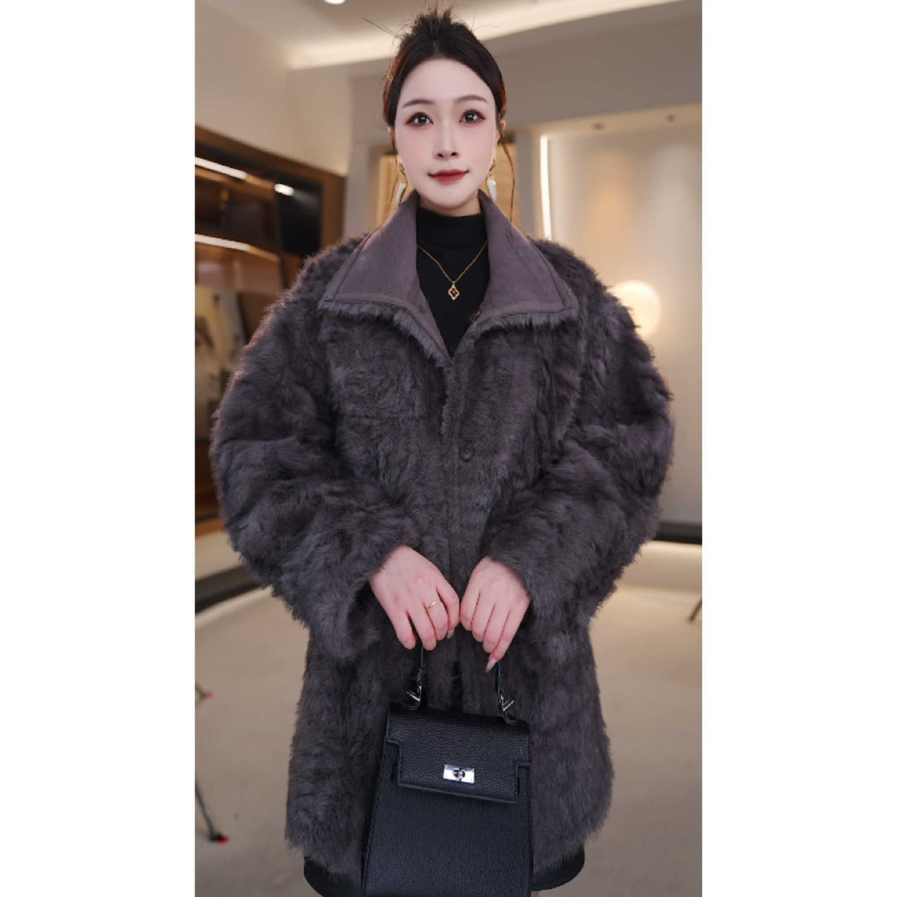 NN8806-新款雪兰貂中长款双面双穿草木灰高端外套女秋冬款-娜娜