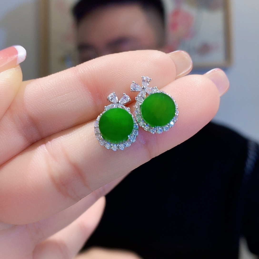 和田玉（碧玉）耳饰银S925镀金镶嵌