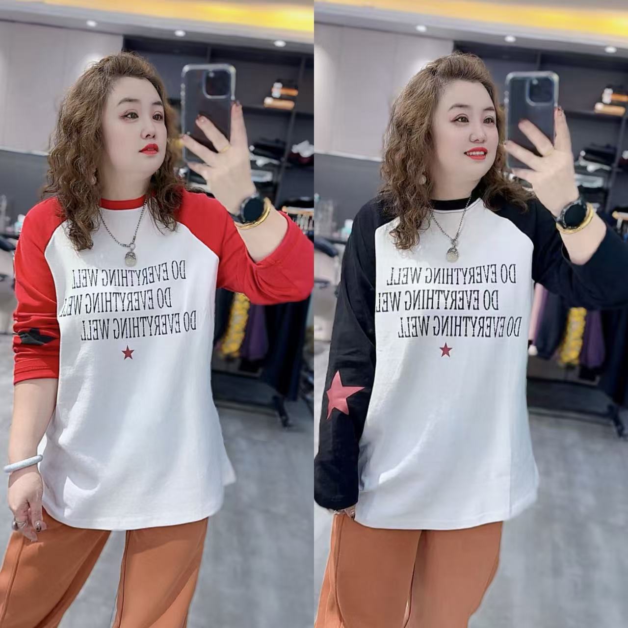 3740（丹姐家）东大门同款加厚圆领长袖字母印花T恤女宽松显瘦上衣