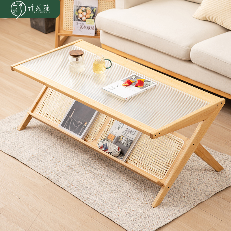 轻奢家用小户型楠竹长虹玻璃多功能双层阳台茶几客厅置物茶台创意