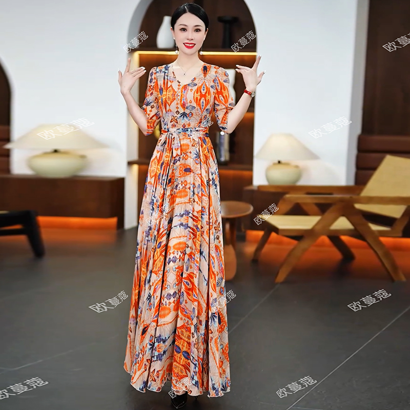 法式复古连衣裙女夏季轻奢风落日蝴蝶气质显瘦长款过膝大摆长裙子