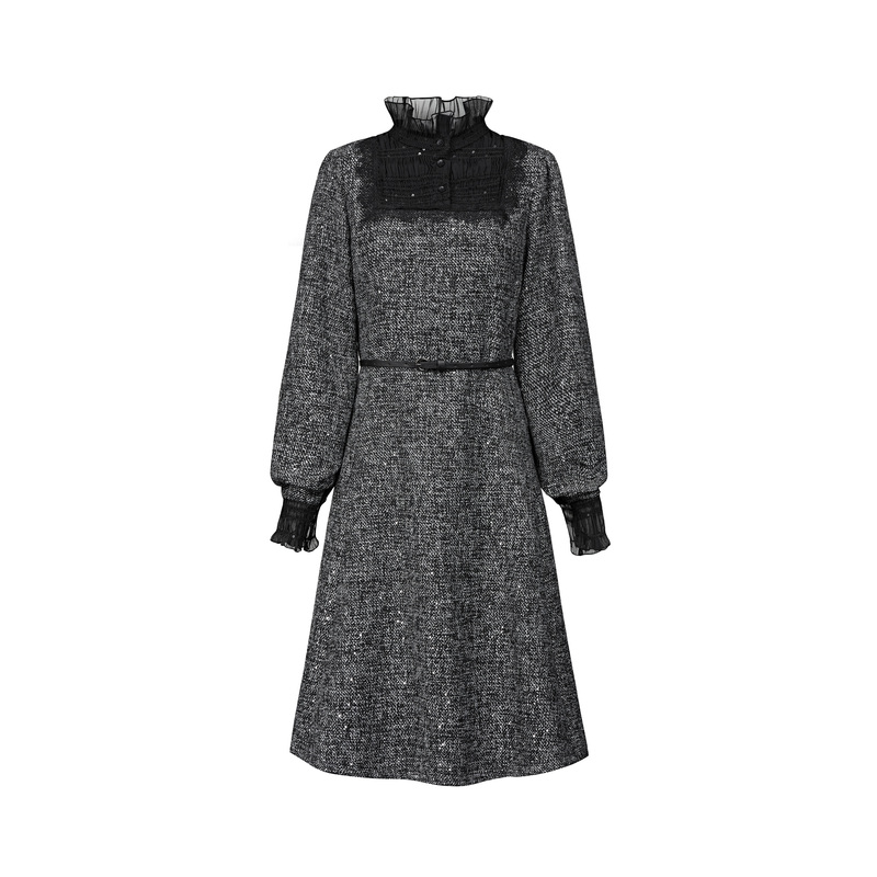 MAOKAI女装木耳边拼接收腰毛呢连衣裙M224Z1253