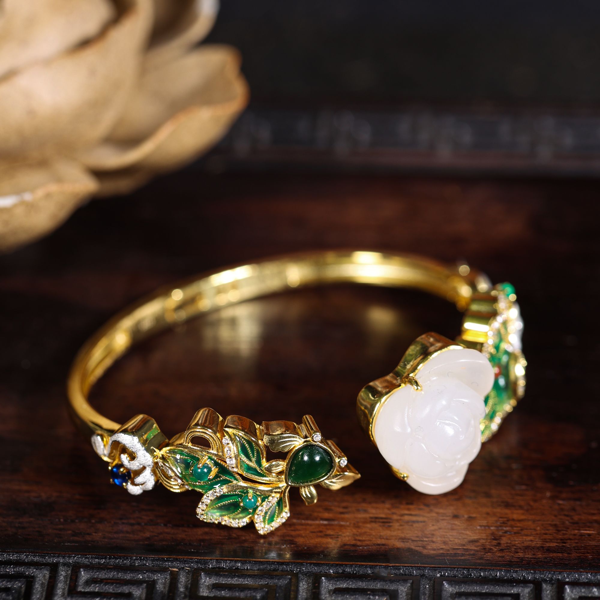 【荷趣】新中式国风珠宝s925银镶和田玉鱼戏莲手镯荷花开口手镯