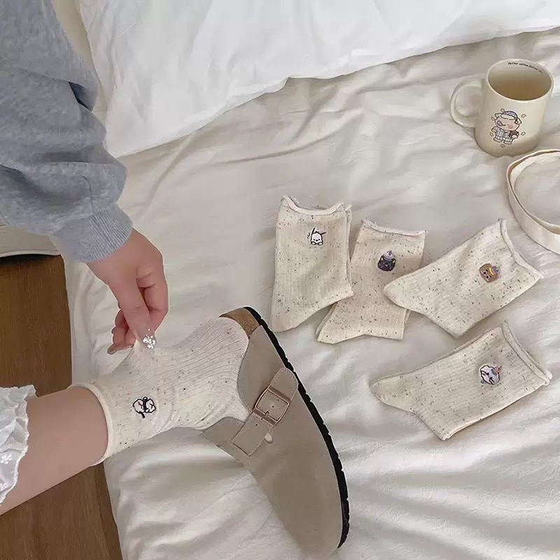 【直接发】刺绣点子纱卡通可爱中筒堆堆袜春秋季日系少女风棉袜薄款