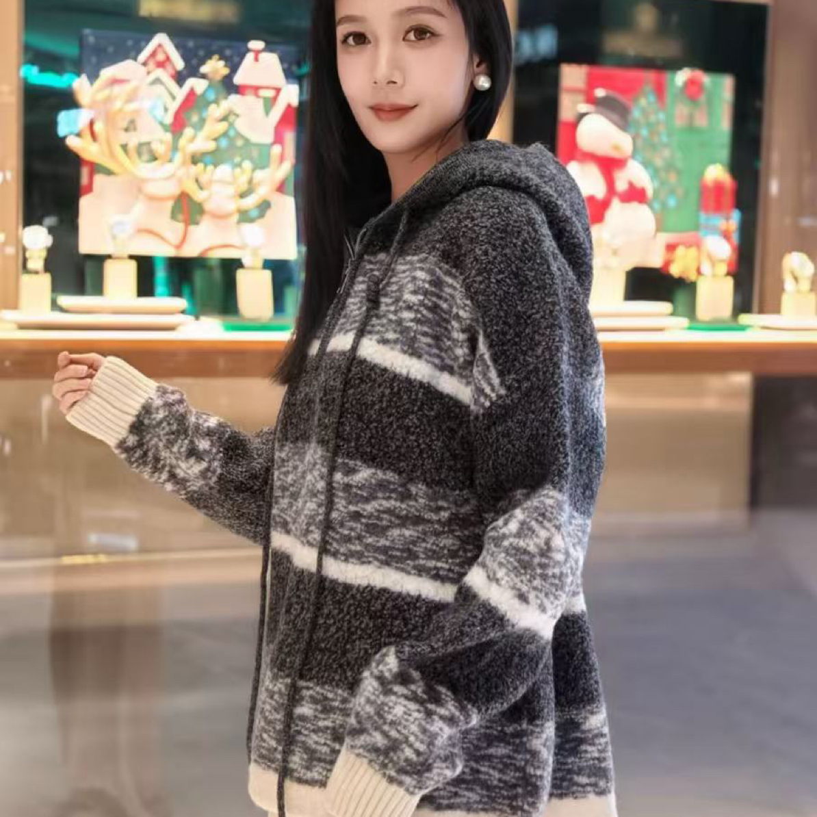 半拉链连帽羊毛衫复古长袖百搭加厚毛衣外套6979