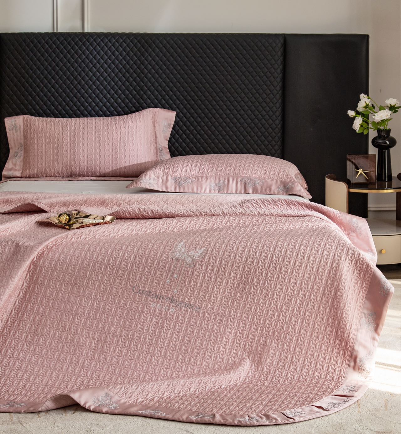 【蝴蝶将至 福气自来-天丝床盖三件套】立体绣花刺绣包边柔软亲肤