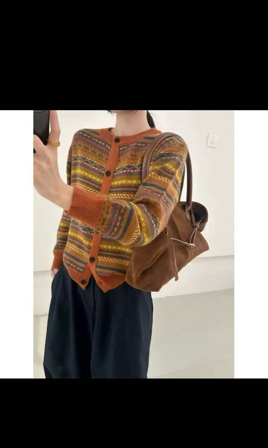 【爱马橙费尔岛提花】女士早秋针织开衫条纹上档次长袖944