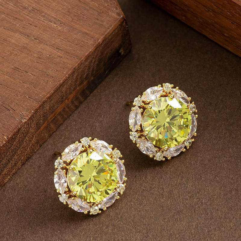 铜合金耳饰 鼎溢甜美精致度假风闪亮圆形满钻耳钉简约高级感zy