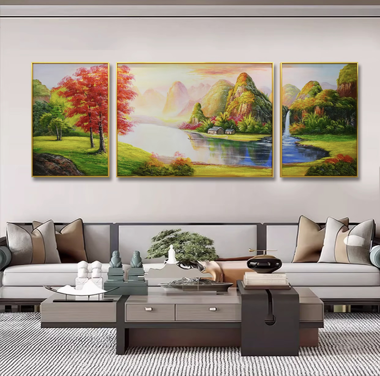 SF 17《福禄金山》手工油画装饰画客厅三联画沙发轻肌理油画