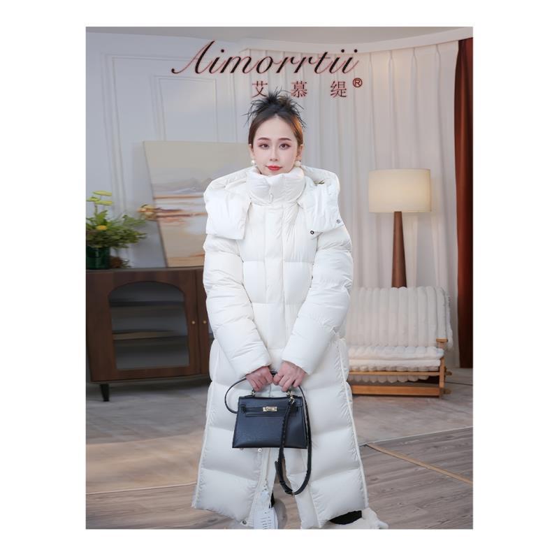 羽绒服收腰长款修身加厚过膝冬季显瘦白色时尚休闲女士连帽保暖