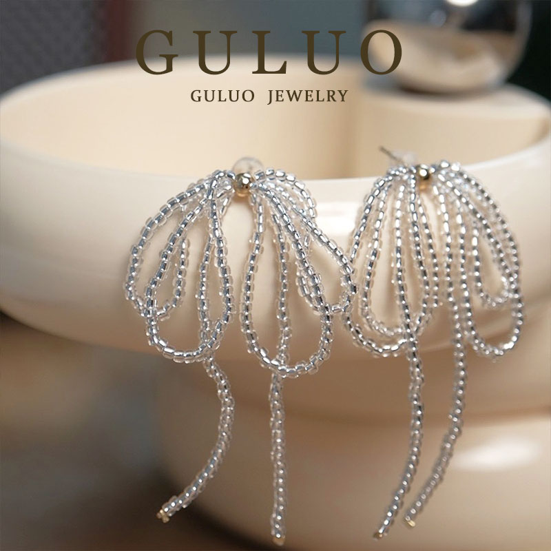 铜合金耳饰 【烟花三月】白色串珠蝴蝶结流苏耳钉小众百搭时尚耳饰