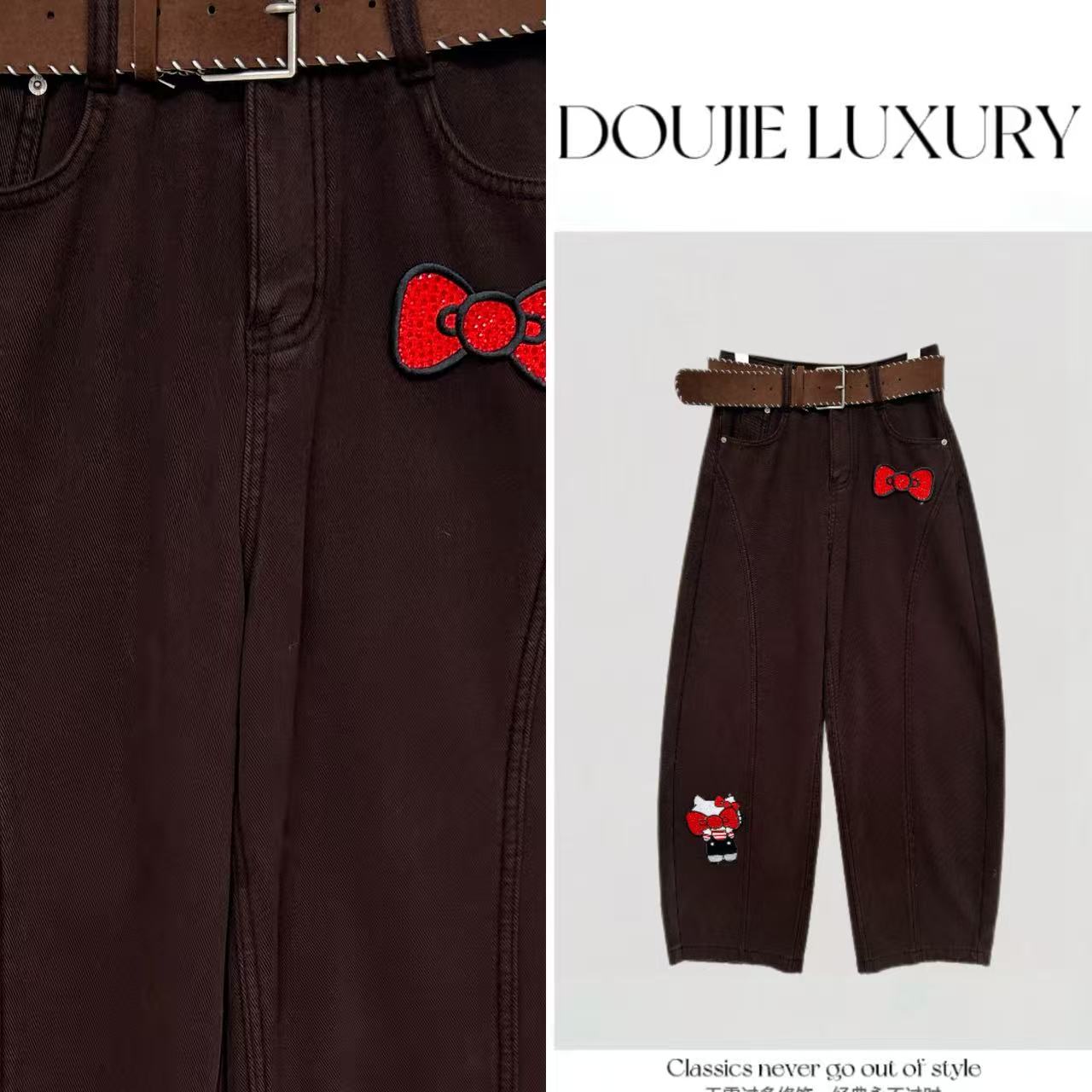 【兜兜】KT猫猫 冬季新款加绒加厚设计感弯刀牛仔长裤 井720A