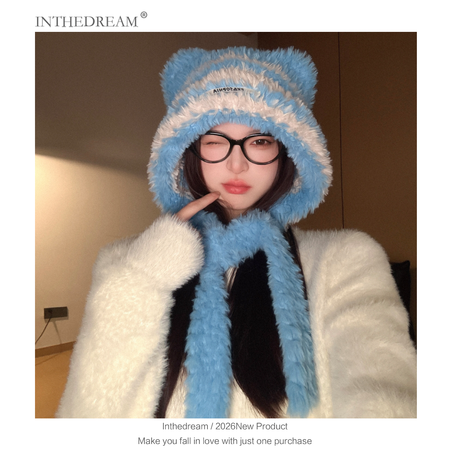 2025毛绒帽子女秋冬可爱小熊耳朵连帽针织帽毛茸茸大头围保暖防寒