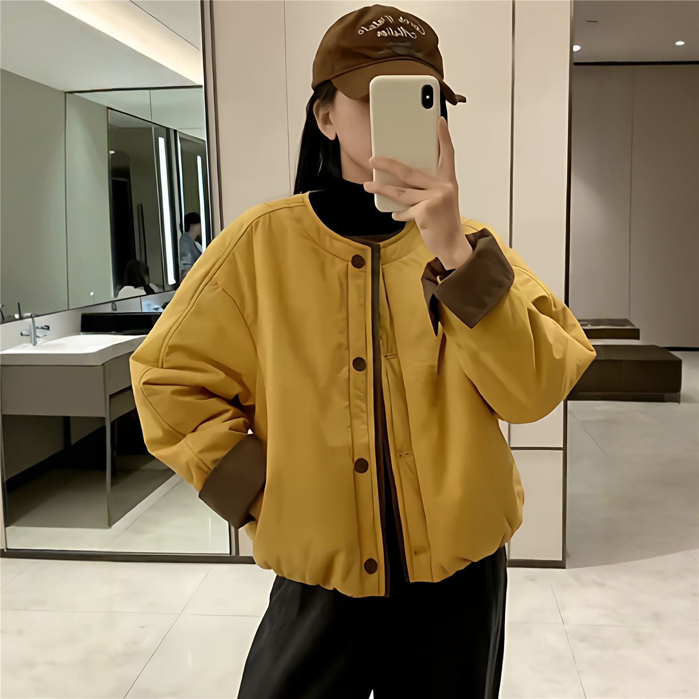 棉服外套女2025秋冬新款撞色设计感休闲宽松圆领棉衣短款夹克上衣