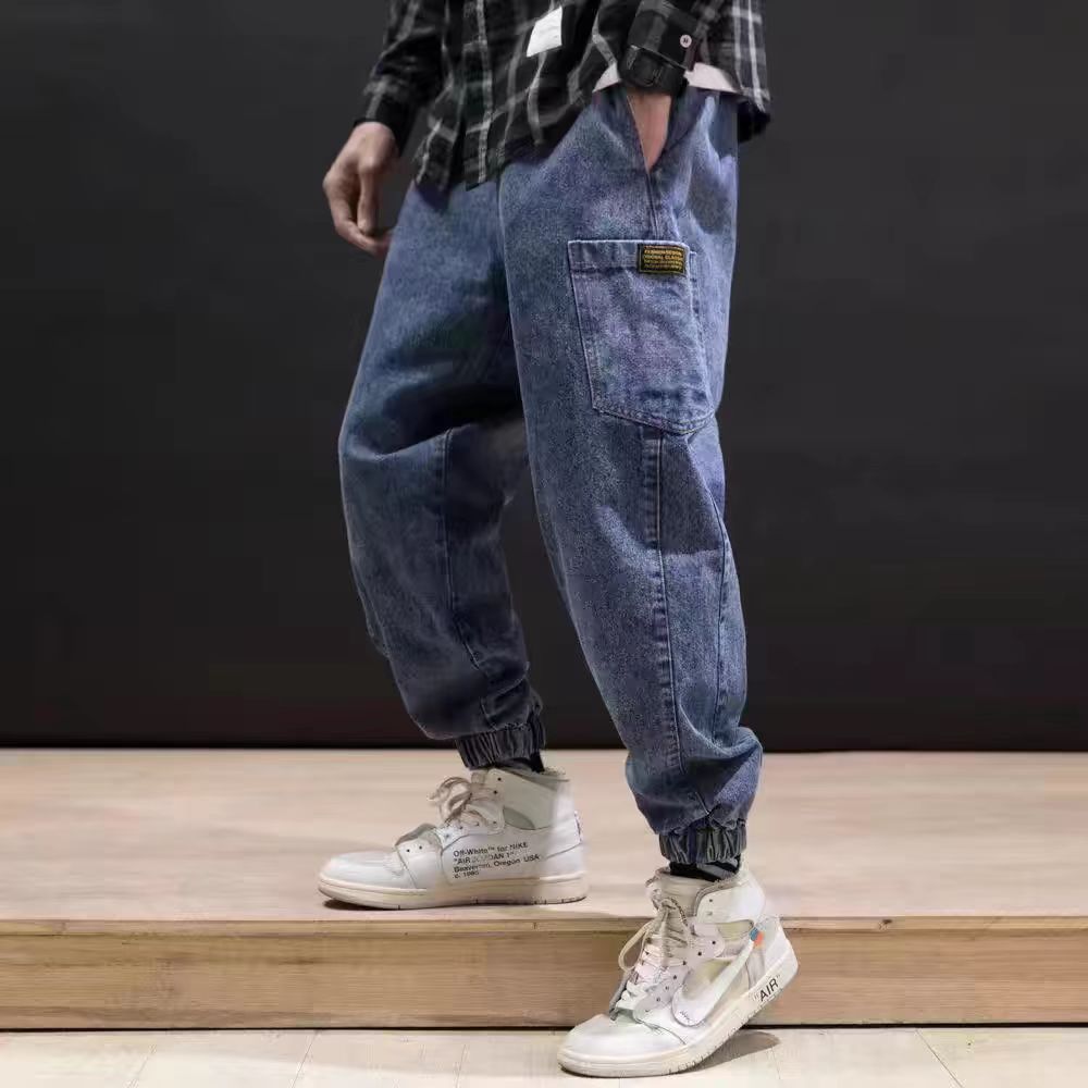 K207春秋潮牌美式复古情侣百搭宽松休闲束脚工装牛仔长裤男