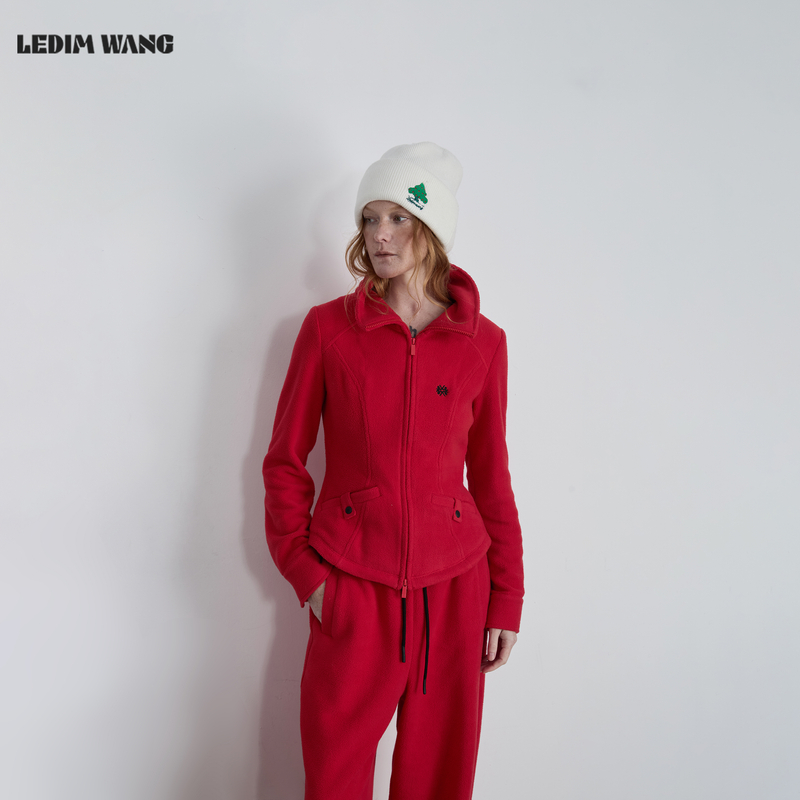 LEDIM WANG摇粒绒修身红色藏蓝色外套女2025秋冬新款收腰上衣