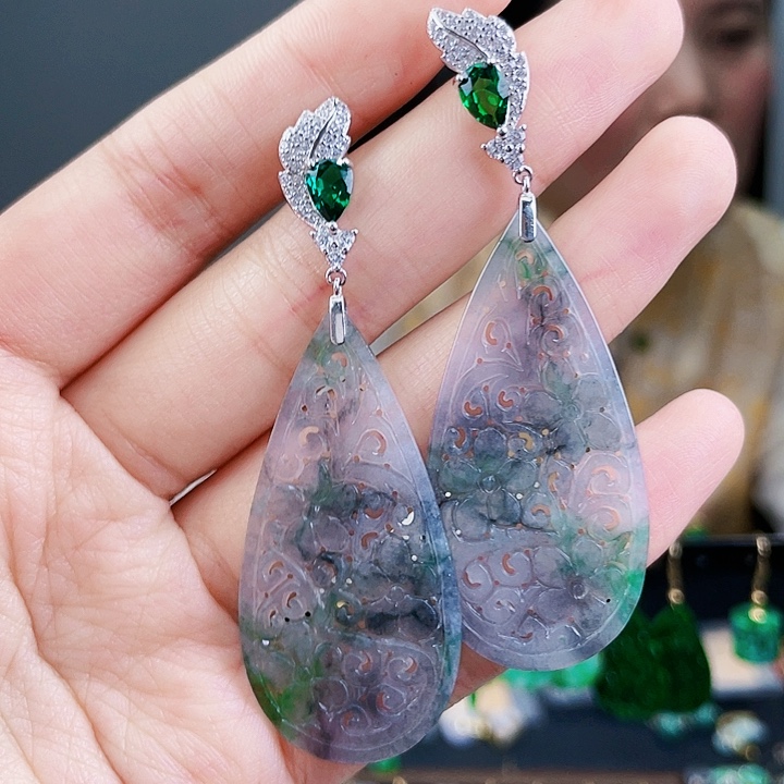 翡翠耳饰银S925镶嵌饰品