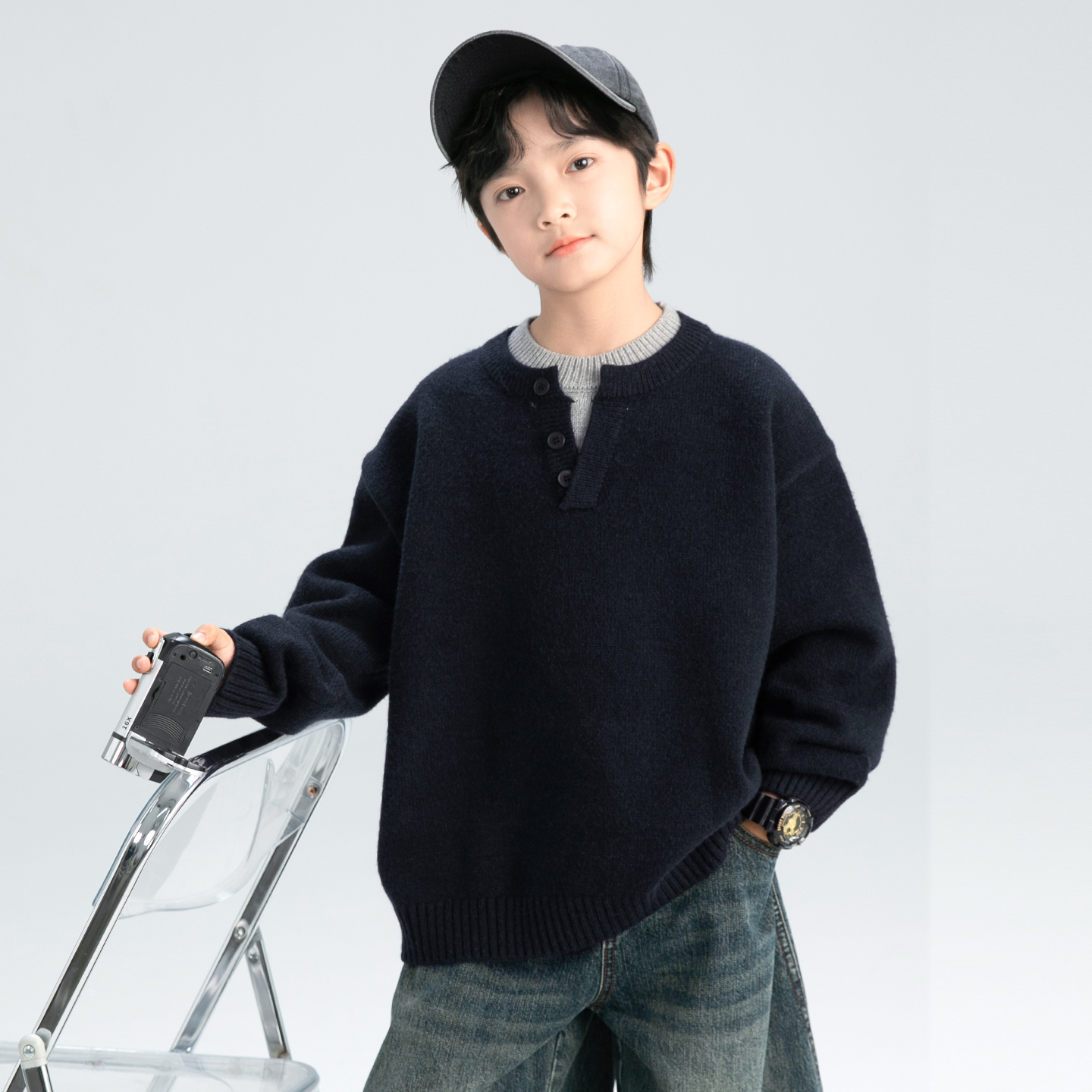 儿童秋冬装毛衣2025新款男童假两件保暖冬季百搭休闲宽松圆领上衣