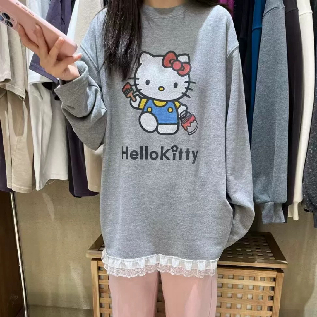 灰色字母小猫长袖T恤秋季打底T卫衣百搭休闲宽松