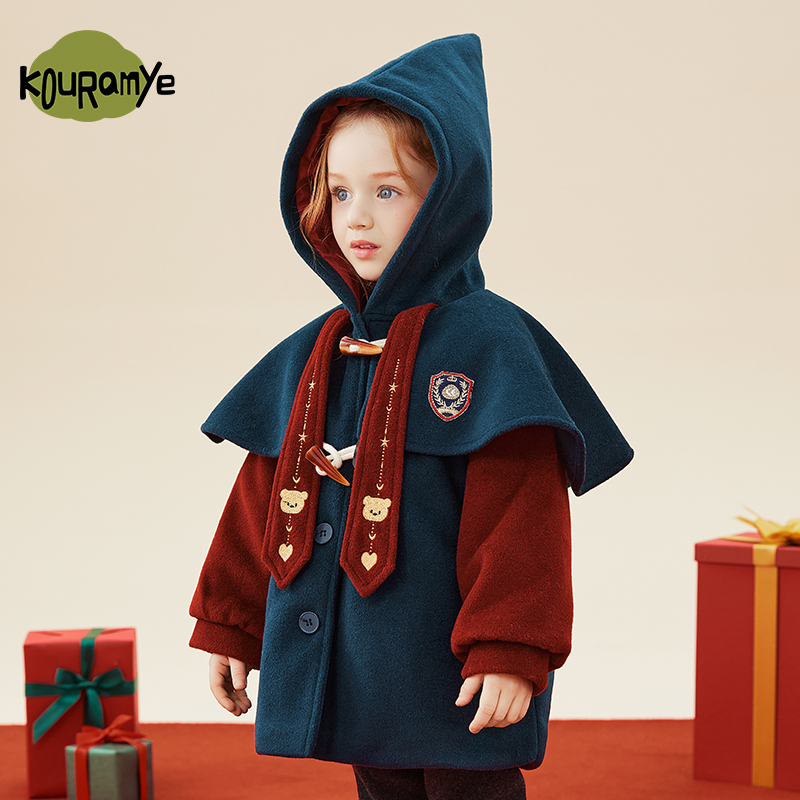 酷娃米【魔法师】冬款中小女童夹棉刺绣飘带海军披领外套20713